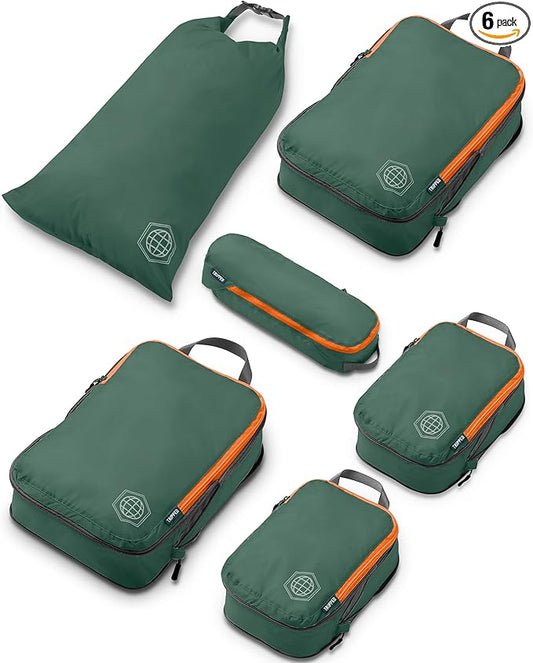 Compression Packing Cubes 6 Piece Set for Carryon Suitcases- Lightweight, Durable Clothes Organizer (Green and Orange)