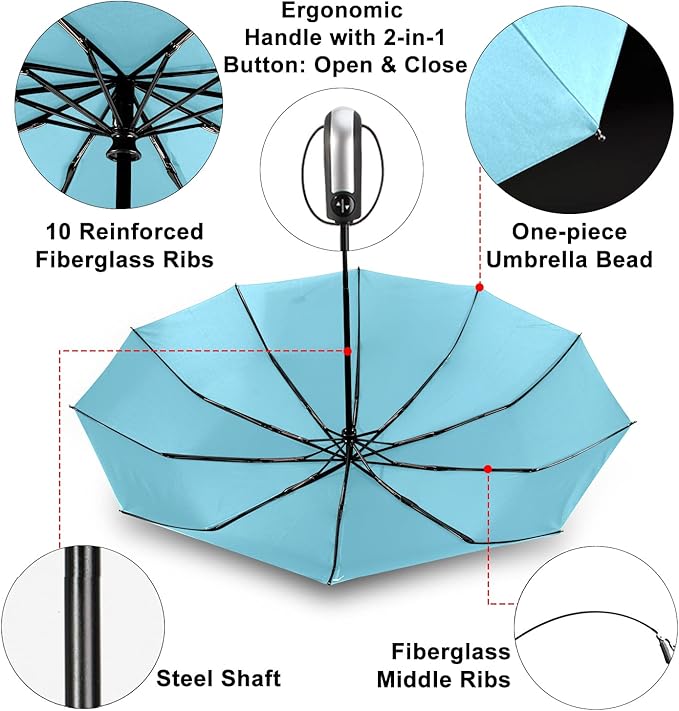 TradMall Travel Umbrella Windproof with 46 Inches Large Canopy 10 Reinforced Fiberglass Ribs Ergonomic Handle Auto Open & Close, Sky Blue