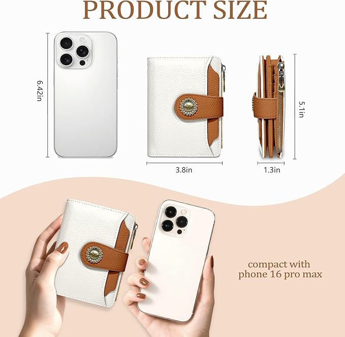 Icycay Beige Small Wallet Women RFID Blocking Bifold, Credit Card Holder, Zipper Coin Pocket, PU Leather, Compact, Travel, 4 ID Window, 14 Card Slots, Cash Purse, Ladies Woman Female Girls