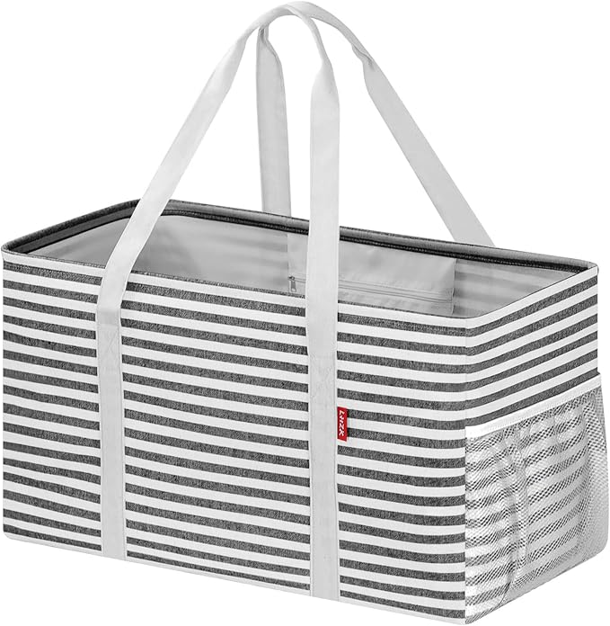 LHZK Standing Extra Large Utility Tote Bag with Metal Wire Frame and the Sides Rinforced, Extra Large Tote Bag with Handle, Reusable Grocery Bags Foldable, Beach Bag, Car Tote, Black | Metal Wire Frame