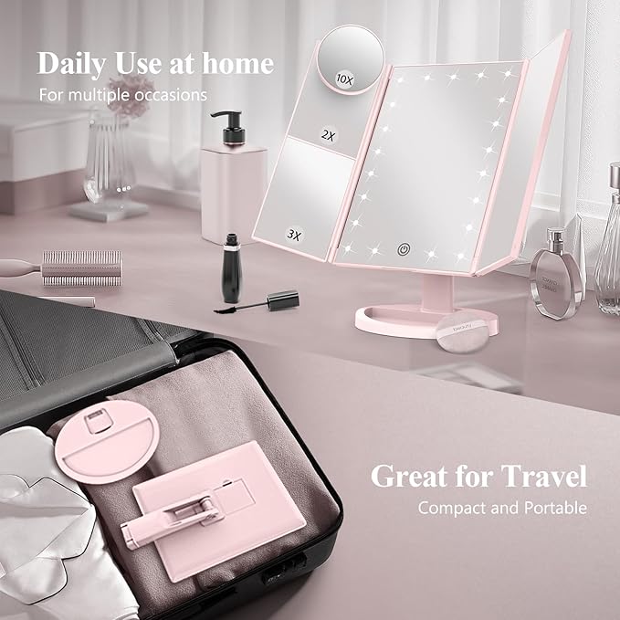 HUONUL Makeup Mirror, Vanity Mirror with Lights, 2X/3X/10X Magnification, Touch Control, Trifold Mirror, Dual Power Supply, Valentines Day Gifts for Her,Gifts for Women, Wife, Mom, Teengirls