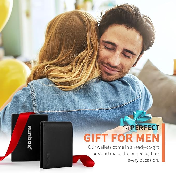 RUNBOX Leather Wallet for Men, Genuine Leather Mens Wallet Bifold Rfid Blocking with 12 Cards and 2 ID Windows, Minimalist Wallet for Men with Gift Box