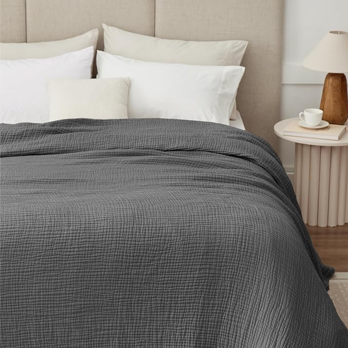 100% Cotton Muslin Blanket 50" x 60", Breathable and Lightweight Cotton Throw Blankets for Couch, Soft Cooling Summer Gauze Blanket for Adults All Season, Charcoal Grey