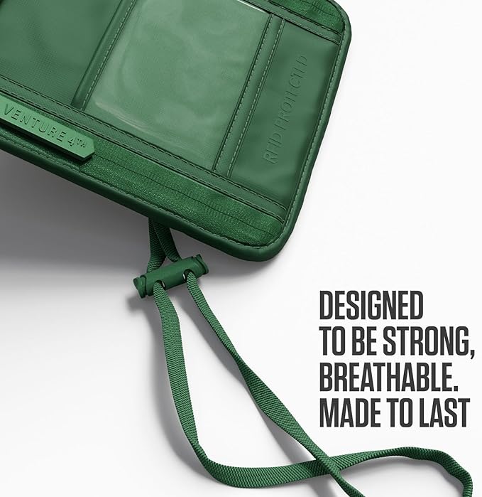 VENTURE 4TH Neck Wallet for Women & Men – RFID Blocking Passport Holder for Travel, Hidden Neck Pouch with 6 Compartments, Slim Lightweight Travel Organizer with Adjustable Strap (Sleek Green)