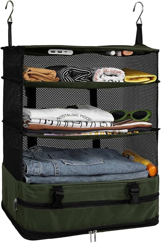Surblue Hanging Closet Storage Bag Collapsible 3-Shelf Washable Oxford Fabric with 2 Hooks (XL 17.71 * 11.81 * 20in, Dark Green)