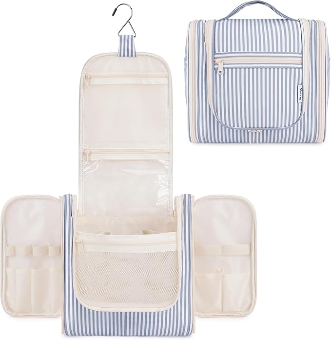 Narwey Striped Hanging Travel Toiletry Bag for Women, Travel Bag for Toiletries, Makeup Bag Organizer Cosmetic Bags Make Up Bags for Women (Greyish Blue Stripe)