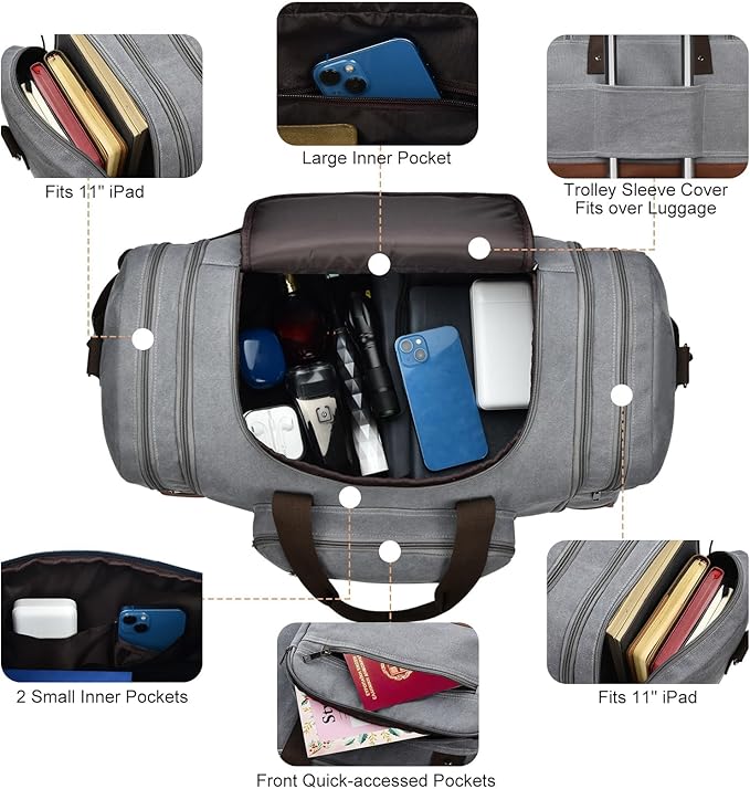 Litvyak Duffle Bag for Travel, 50L Canvas Travel Duffel Bags Overnight Weekend Gym Carry On Luggage Bag for Men & Women(Grey+Toiletry Bag)