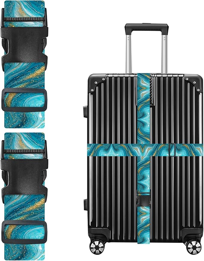 Nuxovilar Luggage Straps Teal Gold Marble Polyester 1.96x90.5inch 2 Set Suitcase Cargo Strap Travel Tool Adventure Trip Beach Resort City Tour