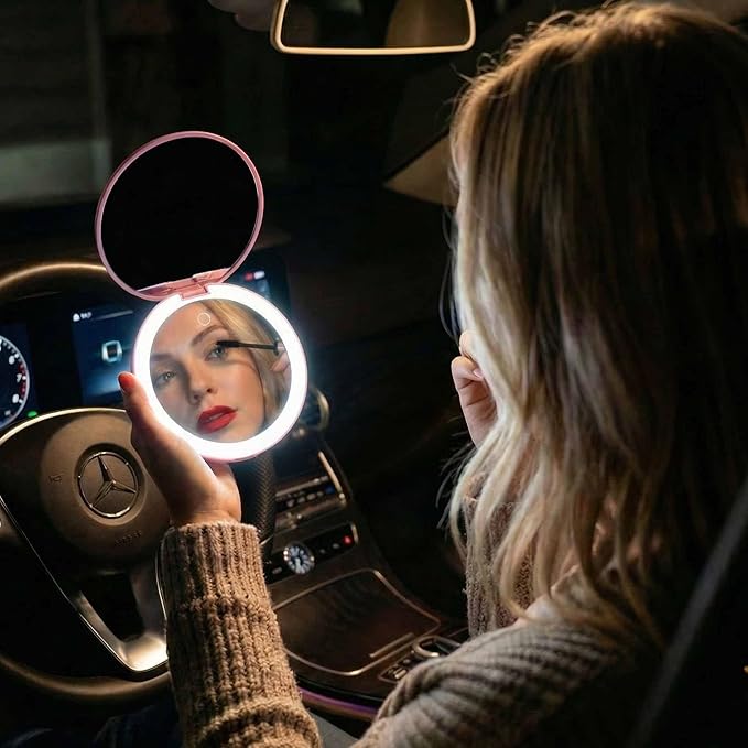 Fancii Taylor LED Lighted Travel Makeup Mirror, Rechargeable with 10x/1x Magnifying & 3 Light Settings - Compact, Portable, Large 5” Wide Hand Mirror for Handbag and Purses (Rose Gold)