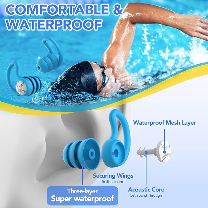 Swimming Ear Plugs Waterproof Earplugs - 3 Pairs Silicone Swim Ear Plugs for Adult Kids, Water Sports Earplugs for Showering, Bathing, Surfing - Keep Ear Water Out (Blue,Pink,Orange, One Size)