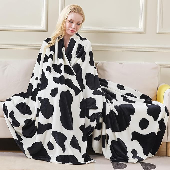 Flannel Fleece Cow Print Blanket Twin Size - Premium Lightweight Anti-Static Super Soft Cozy Plush Cow Blankets, Lightweight Microfiber Winter Warm Throw Blanket 66" x 90"(Black Cow Twin)