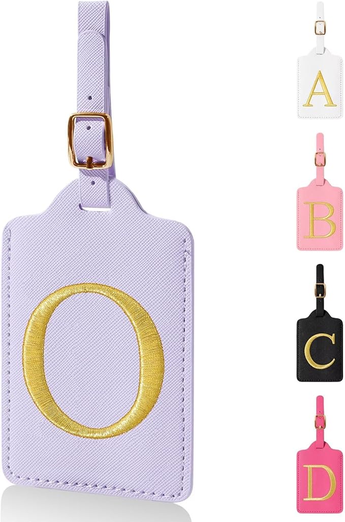 Personalized Initial Luggage Tags for Suitcases,Leather Letter Cute Luggage Tags with Privacy Name Card,Embroidered Monogrammed Travel Bag Backpack Tag Gifts for Women Kids Girls Teens(Purple-O)