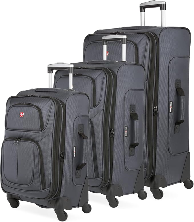 SWISSGEAR Sion Softside Expandable Spinner Luggage Durable Lightweight Travel Suitcase, Dark Grey, 3-Piece Set (21/25/29)