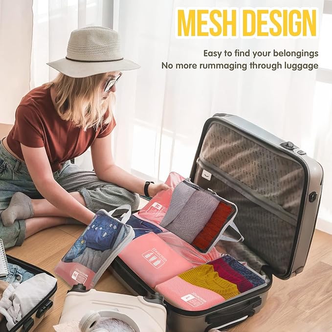 Compression Packing Cubes 8 Set, Dual Zipper Compression Packing Cubes for Travel, See-Through Mesh Packing Bags for Suitcases, Compression Travel Cubes with Shoe Bag (Pink)
