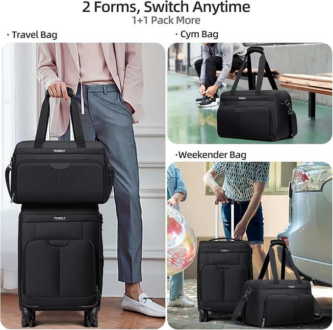 Carry on Luggage with Spinner Wheels 20-Inch,Lightweight Expandable Luggage Set Carry-on Suitcase with Wheels &carry on Tote Bag,Women Men-Black