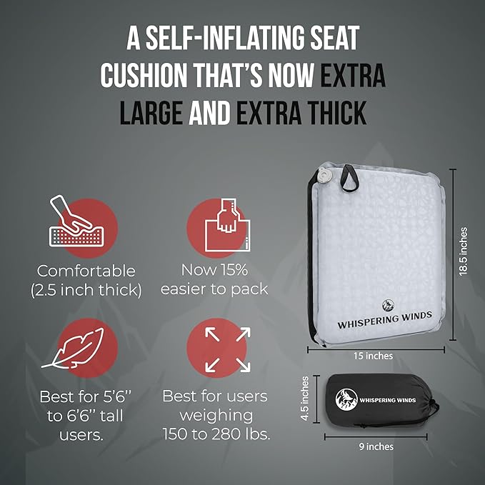 Whispering Winds Inflatable Seat Cushion - Comfortable Blow-up Foam Pad for Airplane, Travel, Stadium, Outdoors, Camping, Car & More