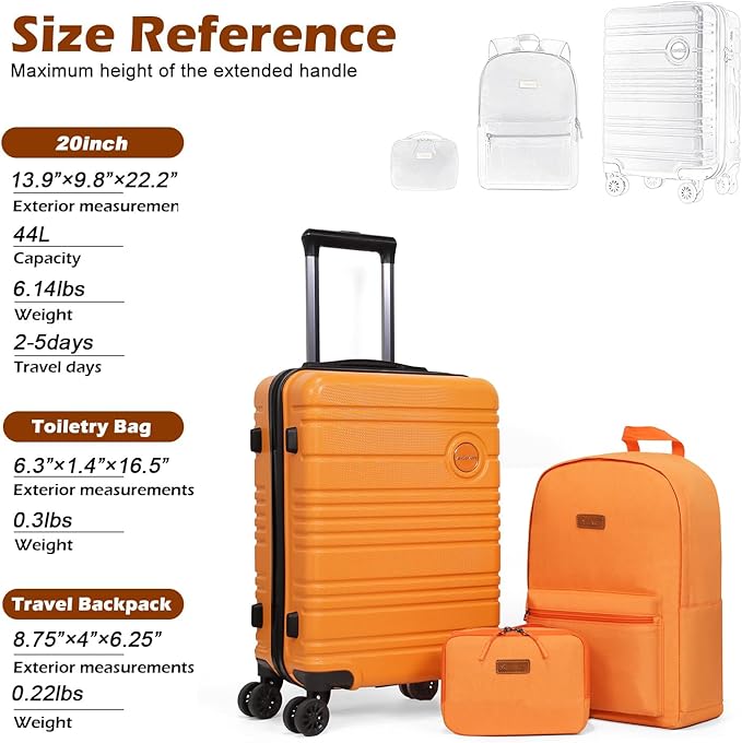 ABS+PC Carry on Luggage set with backpack 3 Pcs suitcace with Spinner wheels TSA Lock 20-In hardshell Lightweight Luggage set (Orange)