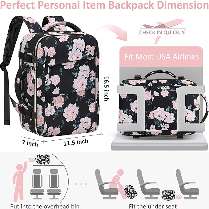 Carry on Backpack for Women TSA Approved 15.6 Inch Travel Laptop Backpack for Women Travel Essentials Foldable Womens Travel Backpack Suitcase Pink Floral