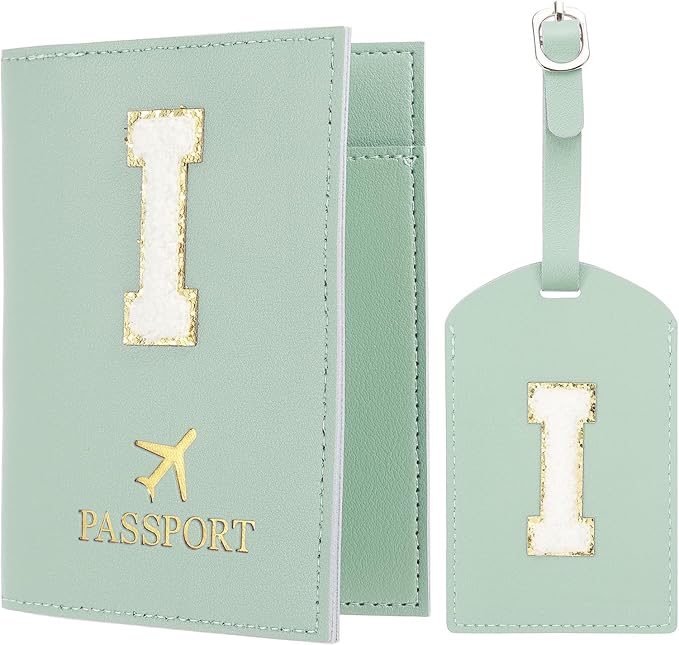 PATIKIL Passport Holder for Travel, Initial Passport Cover and Luggage Tag Set with Alphabet Chenille Letter Patch Travel Wallet Bag Suitcase Identifier for Women Family Travel Green I