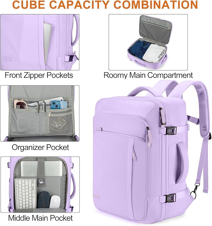 Lumesner Carry on Travel Backpacks, Extra Large 40L Flight Approved Bag for Men & Women,Expandable Suitcase Backpack With 4 Packing Cubes,Water Resistant Luggage Daypack Business Weekender Bag, Purple