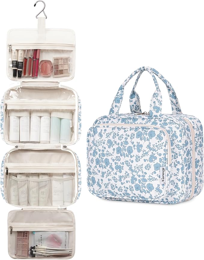 Narwey Travel Toiletry Bag for Women Large Hanging Makeup Bag Organizer Toiletries Bag for Full Size Essentials Accessories Cosmetics (Blue Flower (Large))