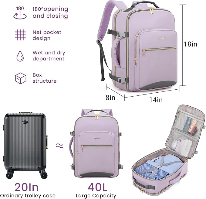 LOVEVOOK 40L Large Travel Backpack for Women Men, 17 Inch Carry on Backpack for Traveling on Airplane, Personal Item Travel Bag Airline Approved, Business Causal Weekender Backpack, Light Purple-Grey