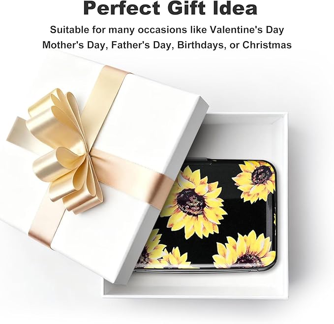 ELFISH Mini RFID Aluminum Wallet Credit Cards Holder Business Card Case Metal ID Case for Men Women (Yellow sunflower)