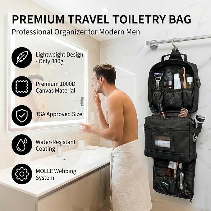 Mens Toiletry Travel Bag, Tactical Toiletry Bag for Men, Bathroom Hanging Travel Toiletry Bag for Men Shaving Hygiene Bag Travel Toiletry Organizer Short Trips Bag, Black