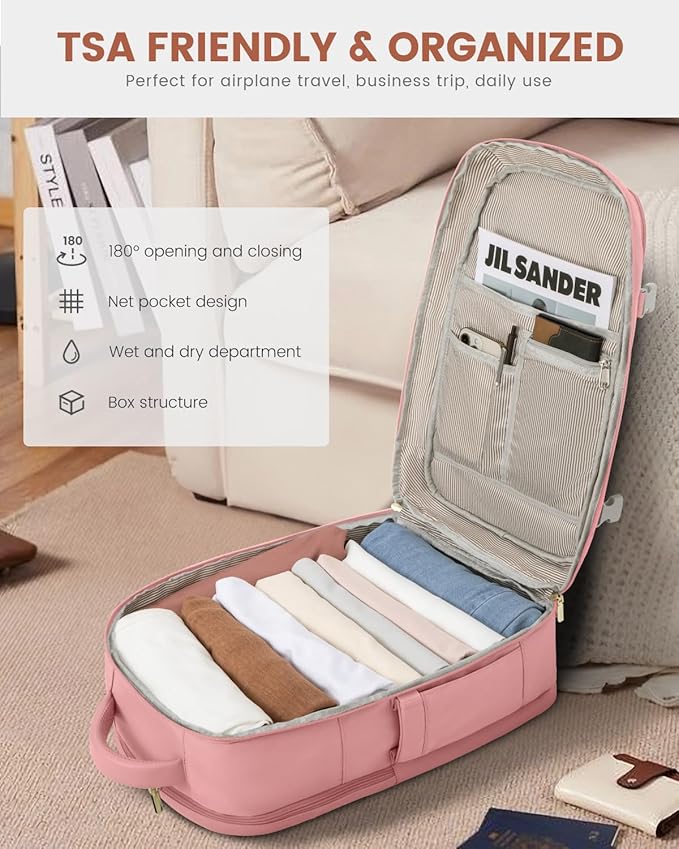 LOVEVOOK Travel Backpack For Women, 40L Carry On Backpack Flight Approved, TSA Personal Item Backpack Fits 17 Inch Laptop, Business Weekender Overnight Waterproof Daypack With 2 Packing Cubes, Pink