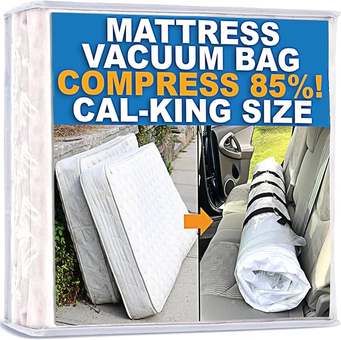 Mattress Vacuum Bag for Moving, Vacuum Seal Mattress Bag for Memory Foam or Inner Spring Mattresses, Compression and Storage for Returns, Leakproof Valve and Double Zip Seal (Cal-King)