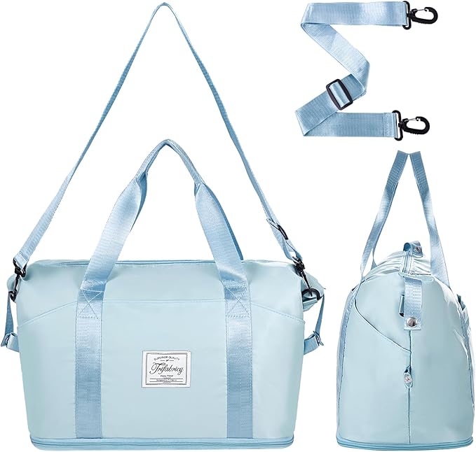 Travel Duffel - Large Shoulder Weekender Overnight Carry on With Wet Pocket, Waterproof Expandable Bag With Trolley Sleeve, Sports Tote Gym for Women, Blue