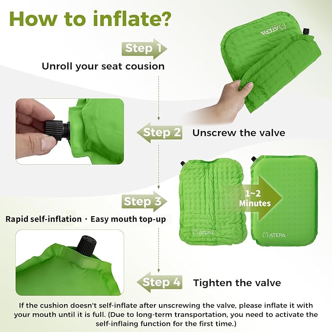 ATEPA Inflatable Seat Cushion, Self-Inflating Portable Stadium Airplane Travel Foam Cushion Pad for Camping, Sports Events, Outdoor