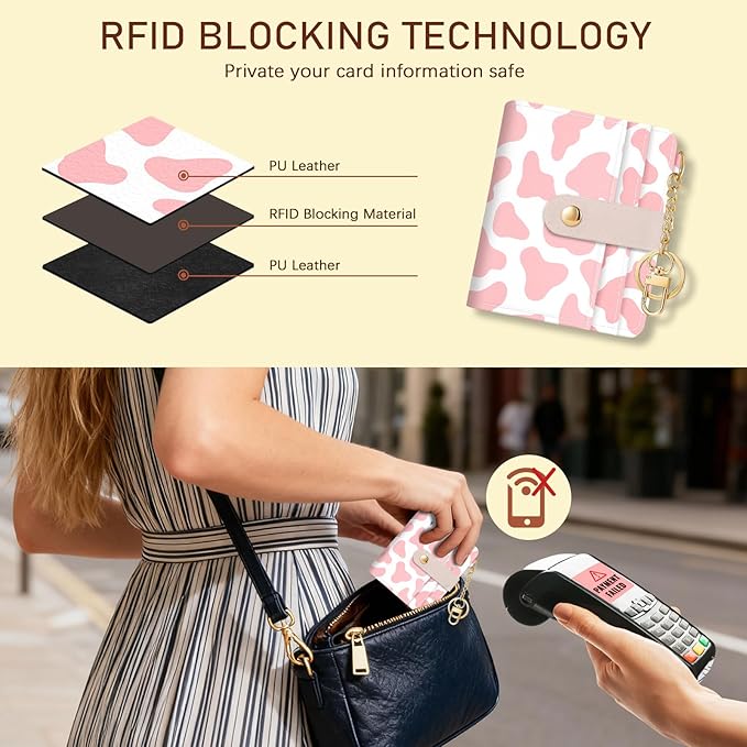 Jogjam Pink Cow Print Rfid Women Wallet, Small Slim Thin Credit Card Wallet, PU Leather Bifold Cash Zipper Coin Pocket ID Window for Female Ladies Teen Girls Girly