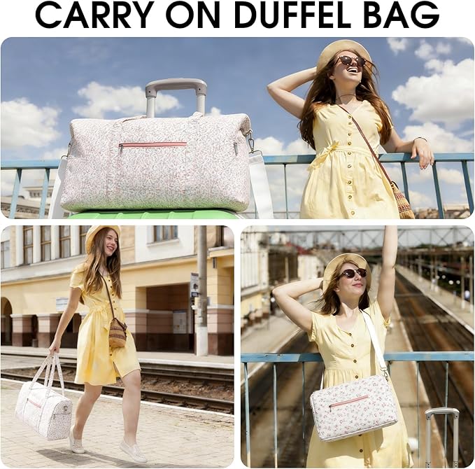Duffle Bag, Gym Bag for Women, Quilted Duffle Bags, Travel Large Capacity Floral Weekender Bags with Shoe Compartment