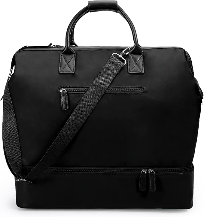 Nobl Travel Weekender Bag for Women & Men, Large Duffel Carry-On Tote with Trolley Sleeve, Separate Shoe Compartment & Laptop Pocket, Leather Overnight Bag for Airplane, Gym, Road Trips - Jet Black