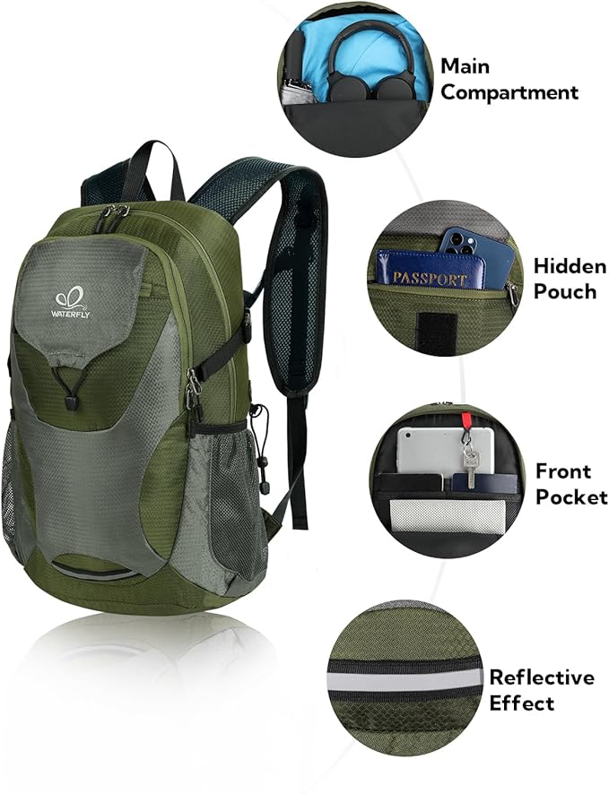 WATERFLY Lightweight Packable Hiking Backpack: 30L Foldable Travel Daypack Ultralight Camping Day Pack for Woman Man