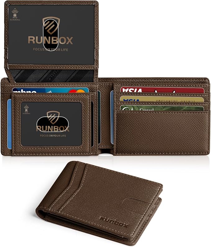 RUNBOX Wallet for Men Slim Rfid Leather 2 ID Window With Gift Box | Slim, Rfid, 2 ID Window, With Gift Box, Slim, Rfid