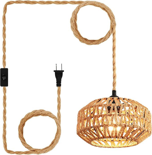 Plug in Pendant Light Rattan Hanging Lamp with Switch,Mini Rattan Boho Semi Flush Mount Ceiling Light,Hand Woven Hallway Light Fixtures for Bedroom Entryway Kitchen