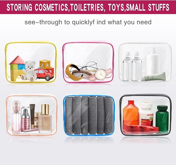 6 Pack Toiletry Bag Makeup Bag Cosmetic Bag, TSA Approved Clear Travel Toiletry Bag wih Zippers, Quart Size Travel Makeup Cosmetic Bag for Women Men, Carry on Airport Airline Compliant Bag, 6 Colors
