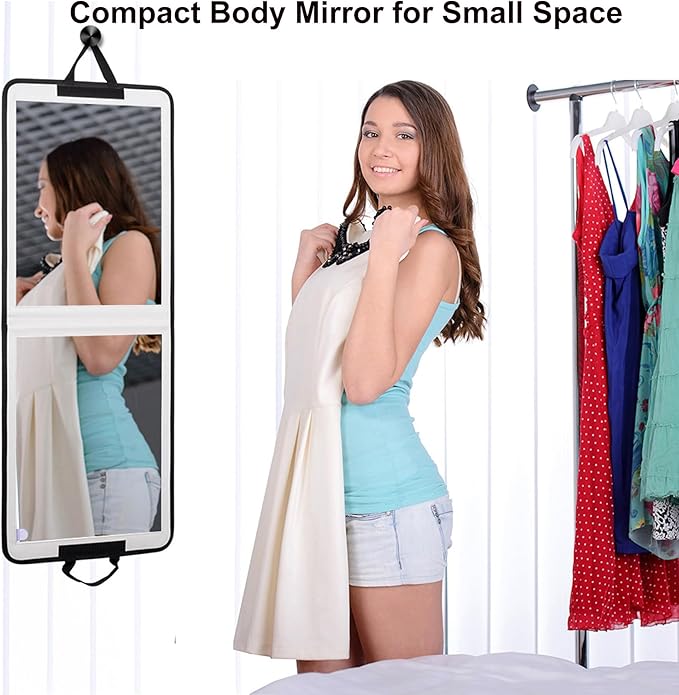 LPHUMEX Foldable Full Length Mirror White with Black Handles Hanging, 13x33 inch Portable Folding Body Mirror for Dance, Festival, Travel