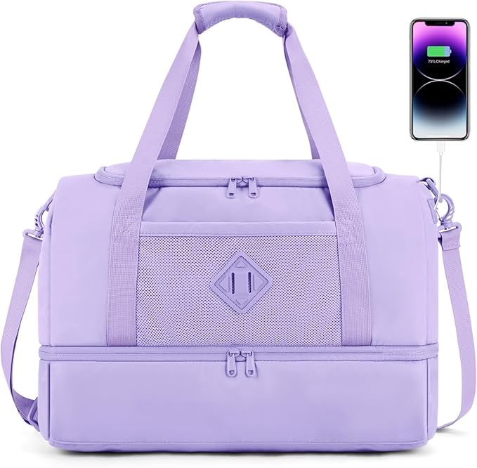 WANDF Travel Duffel Bag with Wet Pocket & Shoe Compartment, 18x14x8 Personal Item Bag with USB Charging Port, Water-Resistant Gym Weekender Overnight Carry-on for Women Men (Purple)