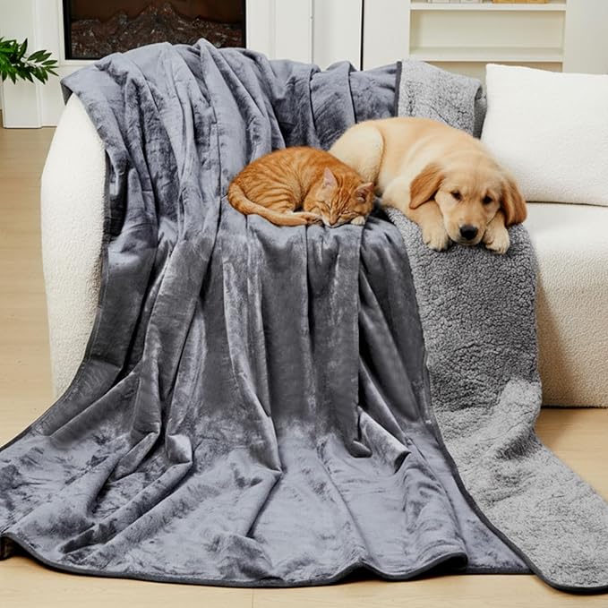 King Size Waterproof Blanket for Bed Couch, Gray 82'' x 82'' Double Side Leakproof Reversible Sherpa Flannel Fleece 3-Layer Lightweight Blanket, Absorbs 80oz, Machine Washable