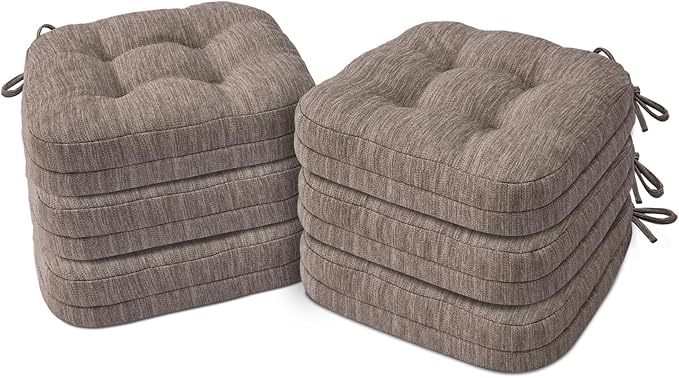 Shinnwa Dining Chair Cushions Set of 6, Dual-Layer Memory Foam Kitchen Chair Cushions, Patented Design Seat Pads with Ties, 16.5 x 16.5 x 3.5in, 6 Pack, Light Brown