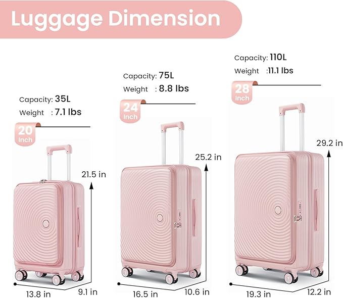3 Piece Luggage Set 100% PC Hardshell, Front Opening Expandable Suitcase (20/24/28) with Laptop Compartment & Free Custom PVC Covers, Trunk Style Lightweight Spinner Wheels TSA Lock (Pink)