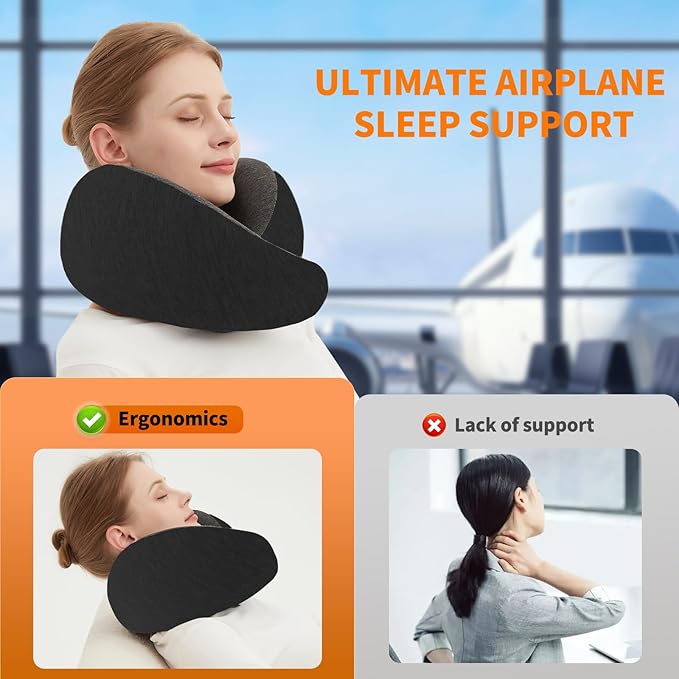Travel Neck Pillow Airplane, Memory Foam Travel Pillows for Comfort on Sleeper Hold Compact and Ergonomic Design for Traveling Car Rides Home Road Trip Essentials for Adults and Kids (Black)