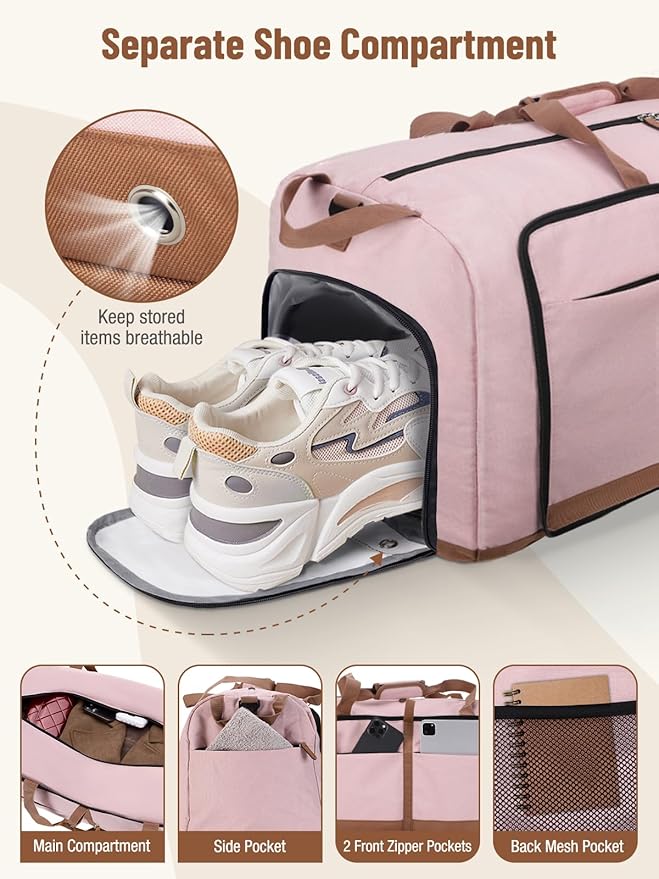 Lekesky Foldable Travel Duffel Bag for Women, 80L Large Duffle Bag with Separate Shoes Compartments & Straps, Carry On Weekend Bag for Women, Hospital, Overnight(Pink)