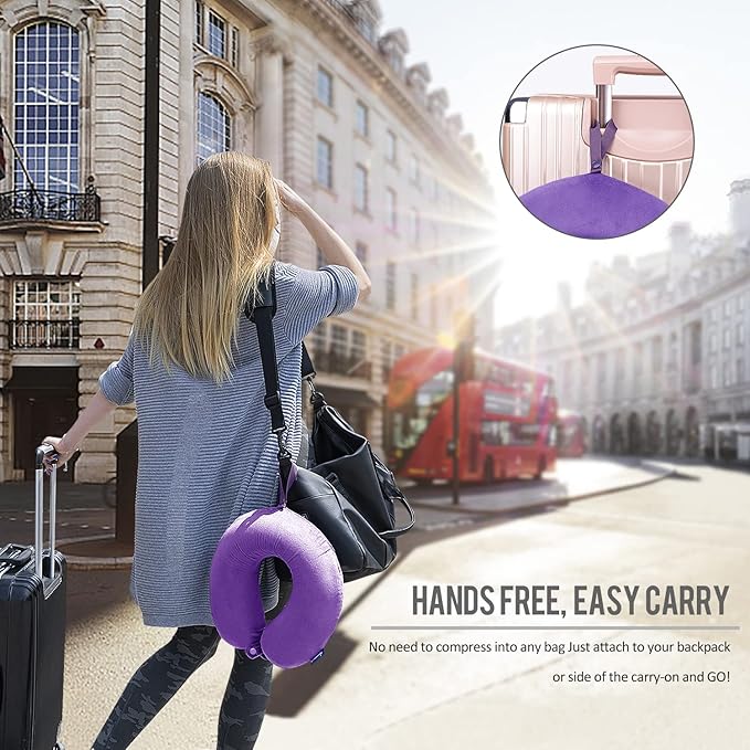 Neck Pillow for Travel Memory Foam - Airplane Pillows for Sleeping with Attachable Snap Strap Soft Washable Cover, Flight Pillow for Traveling, Car, Home, Provide Head Neck Support Rest Purple