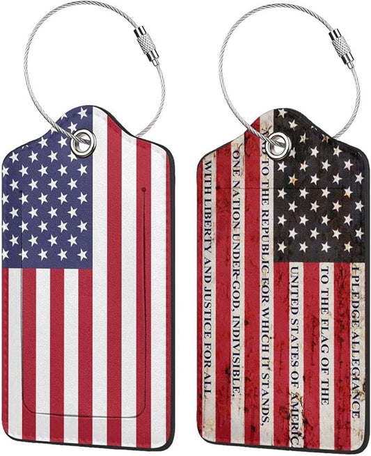 2P United States Unique American USA Flag Luggage Tags Privacy Cover ID Label with Stainless Steel Loop and Address Card for Travel Bag Suitcase Funny Cute Man Women Kids, 4.7x2.75