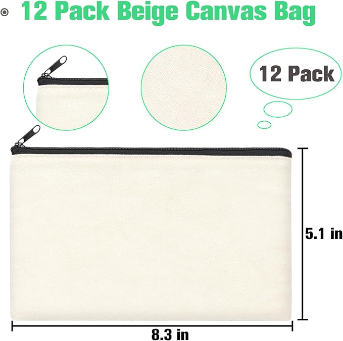 ZeeDix Canvas Pouch- Multi-purpose Cosmetic Bag with Zipper, DIY Craft Canvas Zipper Pouch Blank Makeup Bags Bulk Travel Toiletry Bag for Storage (8.3 x 5 inches)