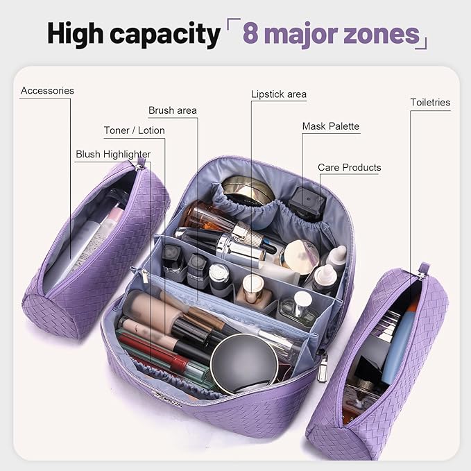 BOYATU Travel Makeup Bag Cosmetic Bags for Women: Large Capacity 3 Pcs Set Make up Bag with Compartments - Waterproof Vegan Leather Toiletry Organizer Bags with Handle (L01 Purple)